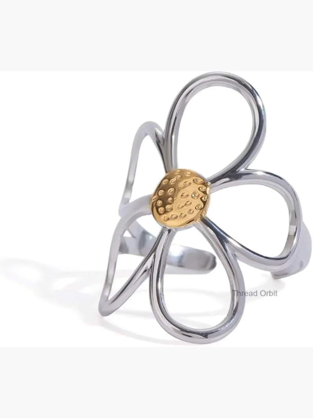 Hollow Flower Curve Ring, Adjustable Stainless Steel Thumb Ring, Chunky